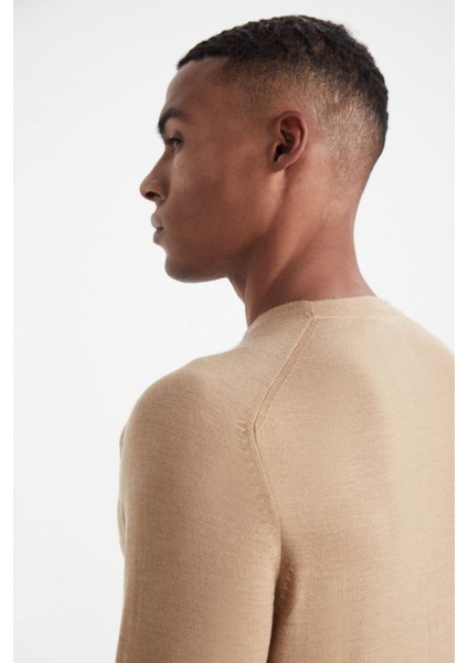 Slim Fit Bisiklet Yaka Camel Merino Yün Triko modelleri