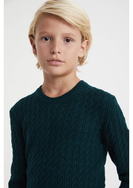 Saç Örgü Desenli Lambswool Koyu Yeşil Çocuk Kazak fiyatları