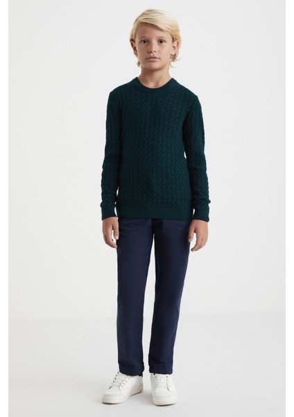 Saç Örgü Desenli Lambswool Koyu Yeşil Çocuk Kazak modelleri