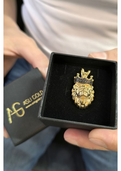 Altın 3.5 cm Büyük Boy Siyah Taşlı Aslan Kolye Ucu modelleri