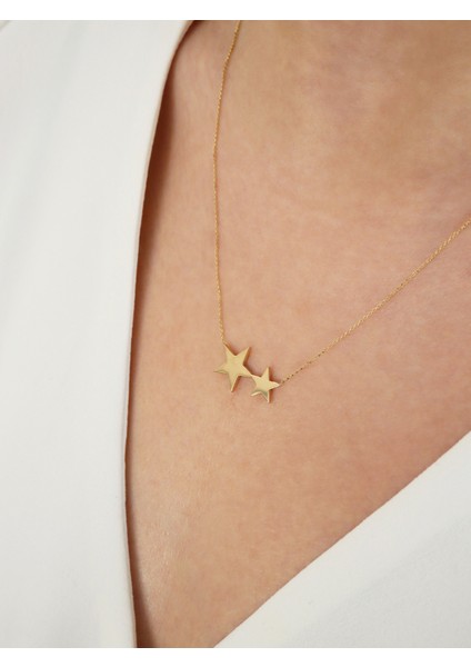 14 Ayar Altın Ikili Yıldız Kolye