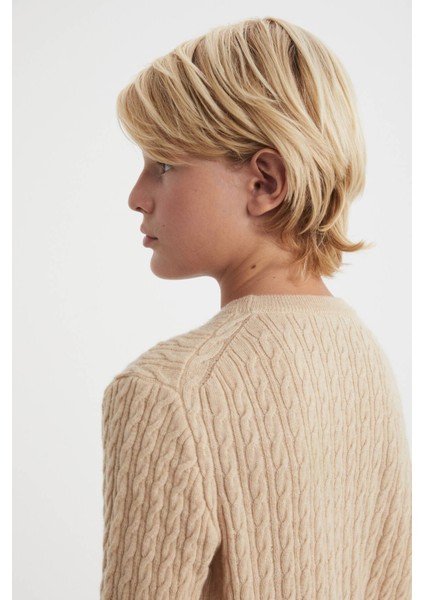 Saç Örgü Desenli Lambswool Camel Çocuk Kazak modelleri