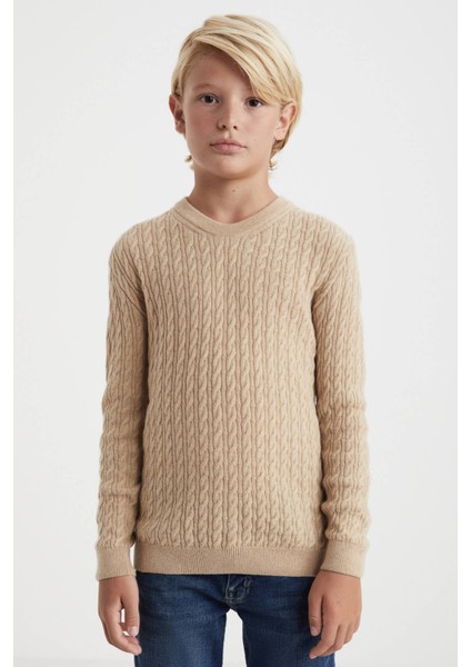 Saç Örgü Desenli Lambswool Camel Çocuk Kazak fırsatları