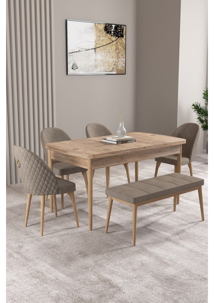 Milas Atlantik Çam 80X132 Açılabilir Mdf Masa Yemek Odası Takımı, Mutfak Takımı 4 Sandalye, 1 Bench