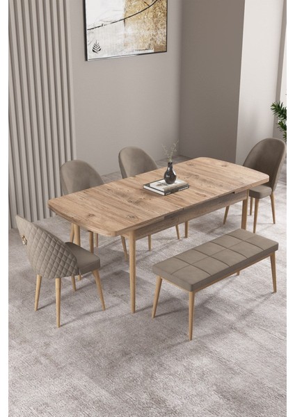 Milas Atlantik Çam 80X132 Açılabilir Mdf Masa Yemek Odası Takımı, Mutfak Takımı 4 Sandalye, 1 Bench fiyatları