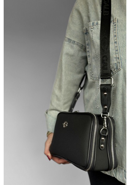 Orta Boy Kalın Askılı Günlük 5 Bölmeli Çapraz Kadın Omuz Çantası Siyah