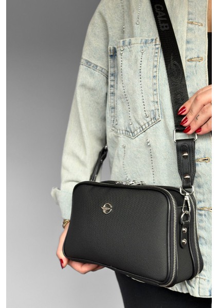 Orta Boy Kalın Askılı Günlük 5 Bölmeli Çapraz Kadın Omuz Çantası Siyah