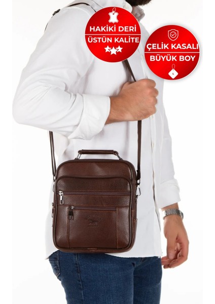 Kahverengi Hakiki Deri Erkek El Çantası 20X24 cm Şık ve Dayanıklı Tasarım
