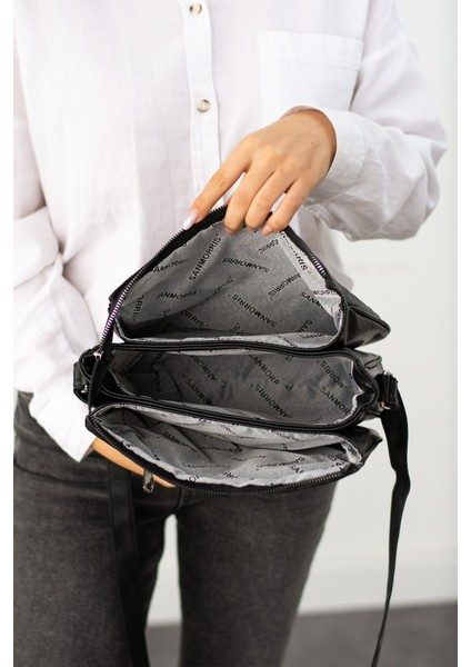 Şık Kadın Kapitone Deri Çapraz Askılı 3 Bölmeli Omuz Çantası Siyah fırsatları