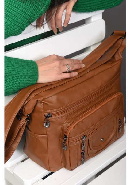 Yumuşak Deri Çok Gözlü Çapraz Çanta, Kahverengi, Şık ve Kullanışlı Tasarım indirimleri