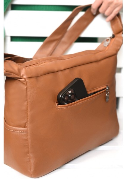 Yumuşak Deri Çok Gözlü Çapraz Çanta, Kahverengi, Şık ve Kullanışlı Tasarım