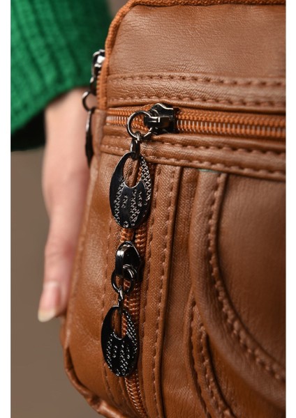 Yumuşak Deri Çok Gözlü Çapraz Çanta, Kahverengi, Şık ve Kullanışlı Tasarım