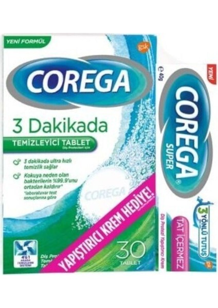 3 Dakikada Temizleyici Tablet 30 Adet ve Tat Içermeyen Yapıştırıcı Krem 40 gr
