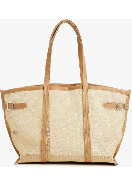 Ekru Metal Tokalı File Detaylı Saplı Large Tote Çanta