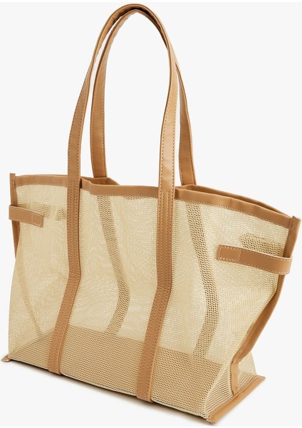 Ekru Metal Tokalı File Detaylı Saplı Large Tote Çanta modelleri