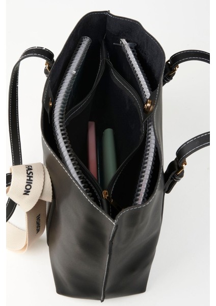 Siyah Orta Gözlü Suni Deri El ve Omuz Çantası, Fermuar ve Çıt Çıt Detaylı indirimleri