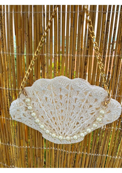 Inci Detaylı Beyaz Midye ve Hasır Şık El Çantası modelleri