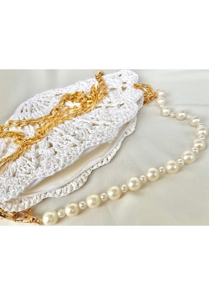 Inci Detaylı Beyaz Midye ve Hasır Şık El Çantası