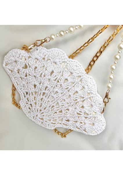 Inci Detaylı Beyaz Midye ve Hasır Şık El Çantası