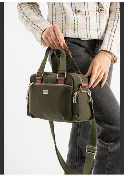 Haki Çok Bölmeli Kadın El ve Omuz Çantası, Şık ve Kullanışlı Tasarım