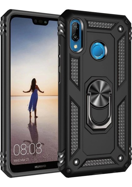 Huawei P20 Lite Kılıf Sofya Yüzüklü Silikon Kapak - Siyah