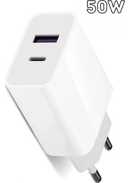 Type - C + Usb Giriş Şarj Adaptörü 50W QC3.0 Pd Hızlı Şarz Iphone Xiaomi Huawei Samsung Oppo Uyumlu