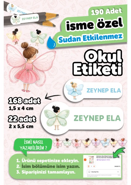 Okul Etiketi Kalem Defter Isimli Etiket Isim Yazılabilen Peri Kızları - 190 Adet Özel Tasarım