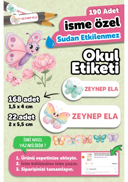 Okul Etiketi Kalem Defter Isimli Etiket Isim Yazılabilen Kelebekli - 190 Adet Özel Tasarım