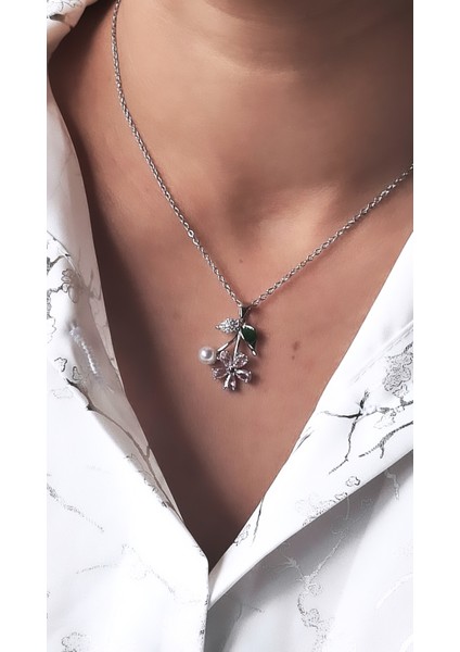 Kadın Yeşil Yaprak Pembe Çiçek Çelik Kolye fiyatları