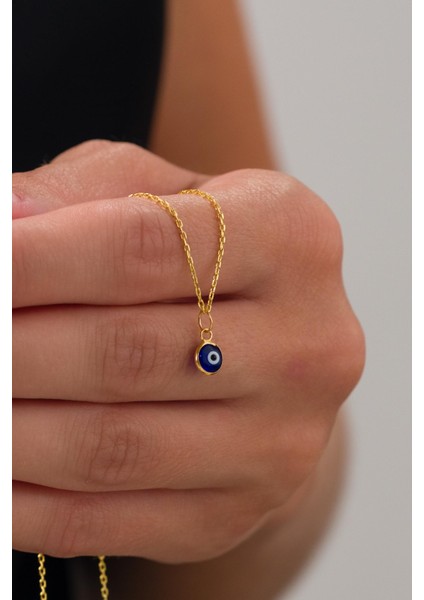 6 mm Gümüş Altın Gold Kaplama Koyu Mavi Lacivert Nazar Boncuğu Cam Göz Kolye