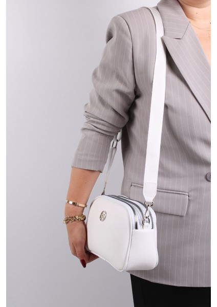 Yumuşak Deri Çok Bölmeli Orta Boy Kadın Çapraz Omuz Çanta Beyaz