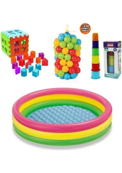 Renkli Şişme Havuz ve Eğitici Bebek Oyuncakları Seti, 86CM, Top, Bultak, Mini Kule
