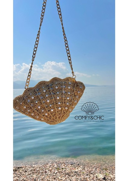 El Yapımı Mermaid Kadın Midye Omuz Çantası, Hasır, Bej, Özel Tasarım