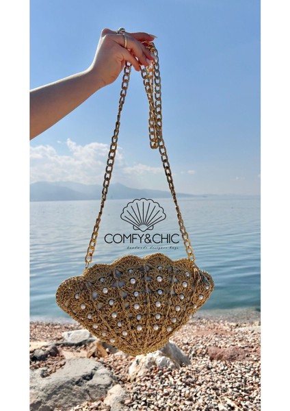 El Yapımı Mermaid Kadın Midye Omuz Çantası, Hasır, Bej, Özel Tasarım fiyatları