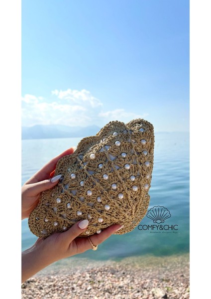 El Yapımı Mermaid Kadın Midye Omuz Çantası, Hasır, Bej, Özel Tasarım modelleri