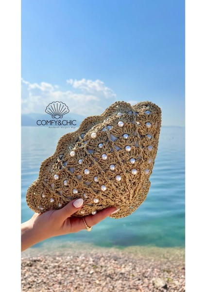 El Yapımı Mermaid Kadın Midye Omuz Çantası, Hasır, Bej, Özel Tasarım fırsatları