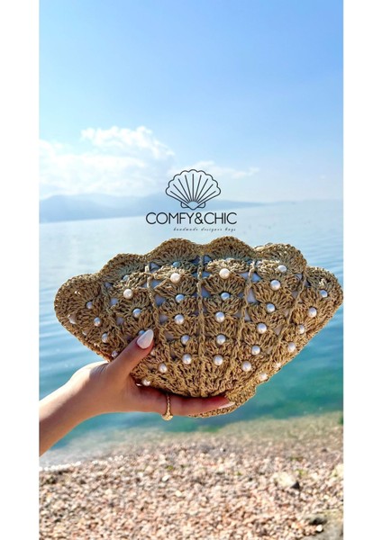 El Yapımı Mermaid Kadın Midye Omuz Çantası, Hasır, Bej, Özel Tasarım indirimleri