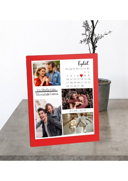Kişiye Özel Masaüstü Takvim Tarih Isim Tasarımlı 4 Fotoğraflı Ahşap Kırmızı Mdf Resimli Kolaj Çerçeve