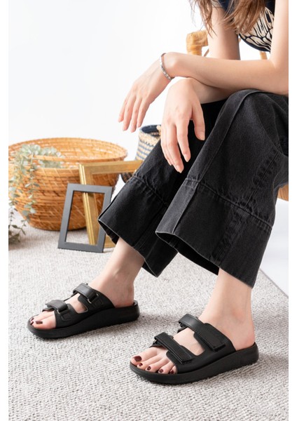 Mulex İki Cırtlı,Kadın Şık, Günlük Siyah Terlik