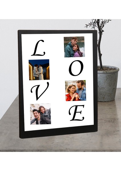 Masaüstü Siyah Love Tasarımlı 4 Fotoğraflı Ahşap Mdf Resimli Kolaj Çerçeve