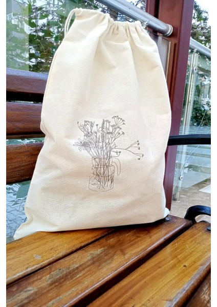 Çiçek Baskılı Keten Büzgülü Poşetlik, Mutfak Organizer, 32X45 Cm, Şık ve Kullanışlı