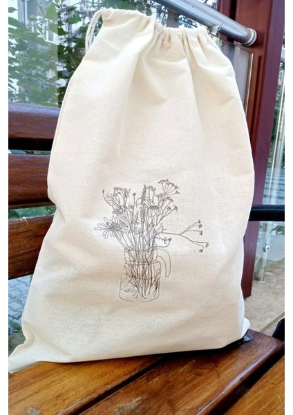 Çiçek Baskılı Keten Büzgülü Poşetlik, Mutfak Organizer, 32X45 Cm, Şık ve Kullanışlı modelleri