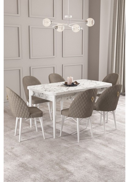 ​​​​​​​calvin Beyaz Mermer Desen 80X132 Açılabilir Mdf Masa Yemek Odası Takımı, Mutfak Takımı 6 Adet Sandalye