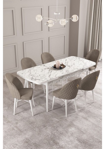 ​​​​​​​calvin Beyaz Mermer Desen 80X132 Açılabilir Mdf Masa Yemek Odası Takımı, Mutfak Takımı 6 Adet Sandalye fiyatları