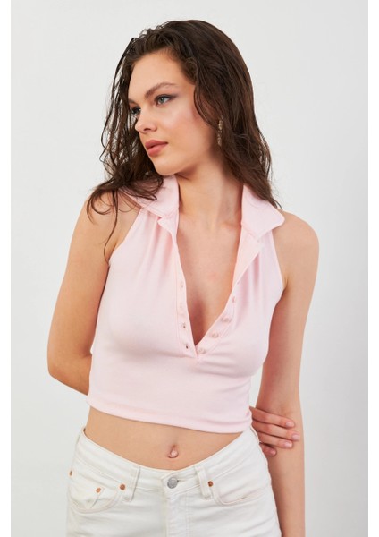 Kadın Pudra Sırtı Açık Düğmeli Bluz LPP1246-90