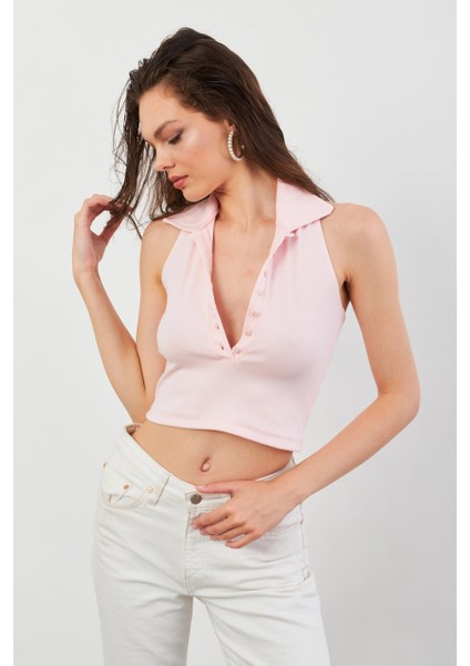 Kadın Pudra Sırtı Açık Düğmeli Bluz LPP1246-90 modelleri