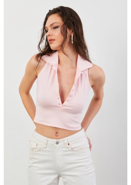 Kadın Pudra Sırtı Açık Düğmeli Bluz LPP1246-90 fırsatları