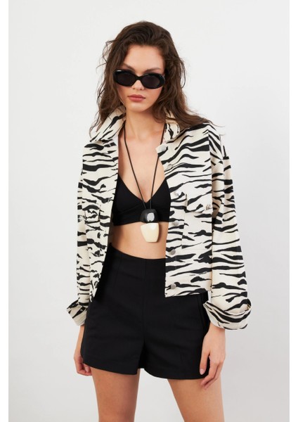 Kadın Taş-Siyah Zebra Desenli Ceket QS5337-90