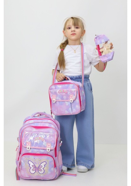 Kız Çocuk 3'lü Okul Çanta Seti Sırt Çantası Beslenme Çantası Kalemlik Peluş Oyuncak Hediyeli