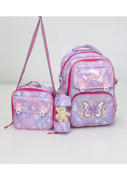 Kız Çocuk 3'lü Okul Çanta Seti Sırt Çantası Beslenme Çantası Kalemlik Peluş Oyuncak Hediyeli modelleri